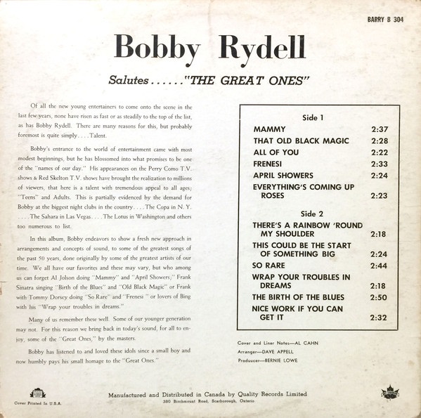 Bobby Rydell - Salutes the Great Ones - back